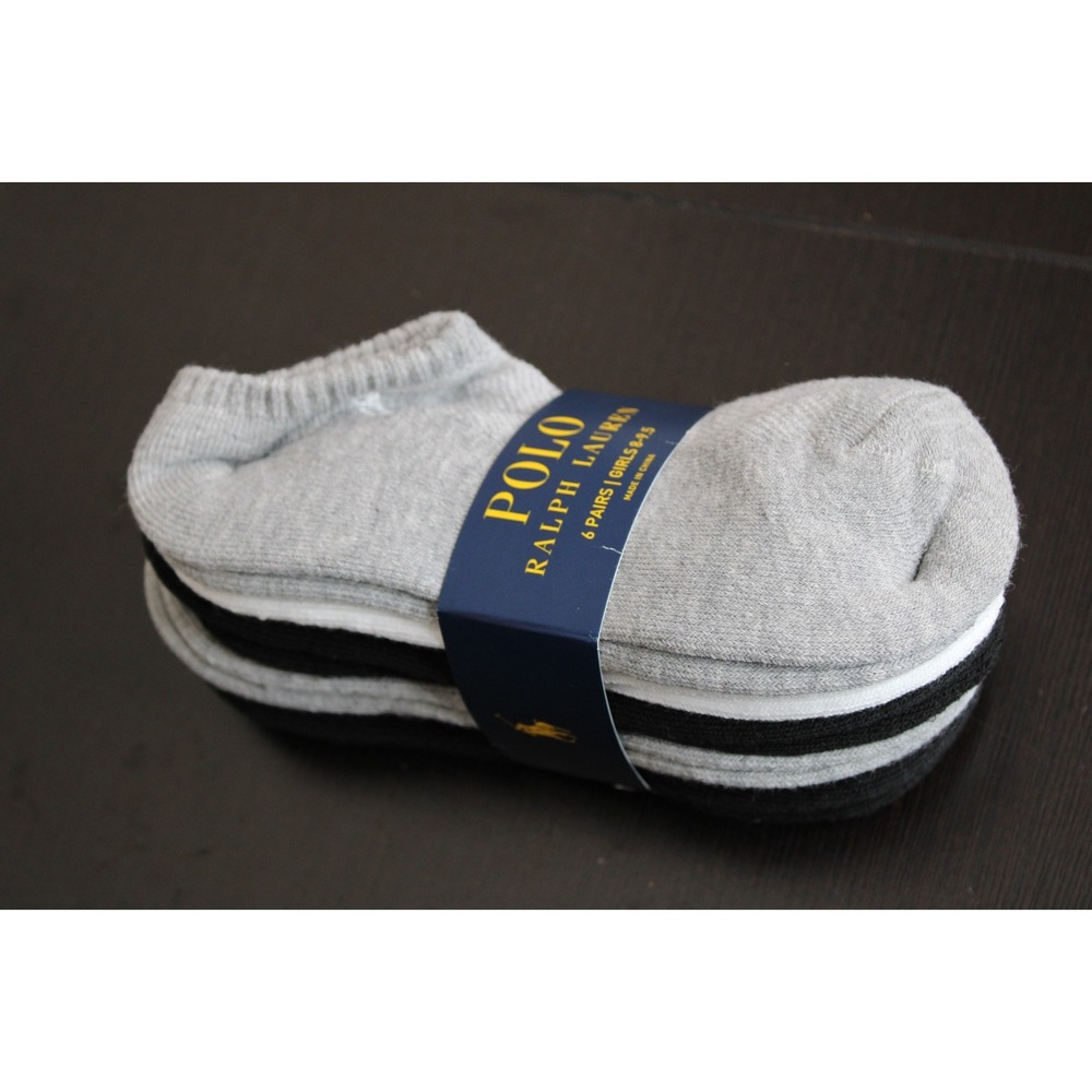 Polo Ralph‎ Lauren 6 Pairs girl's White Black Gray  Low Cut Socks Size 8-9.5